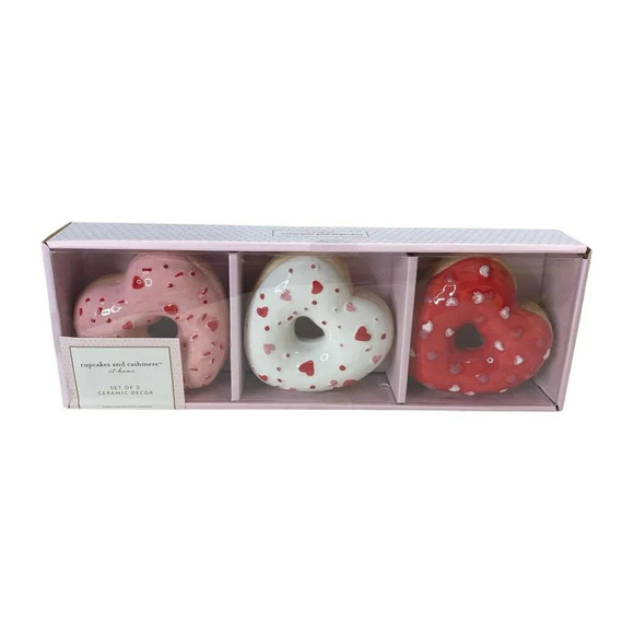 Cupcakes & Cashmere Heart Sprinkle Ceramic Donuts Set of 3 Love Valentines Decor - Picture 4 of 4